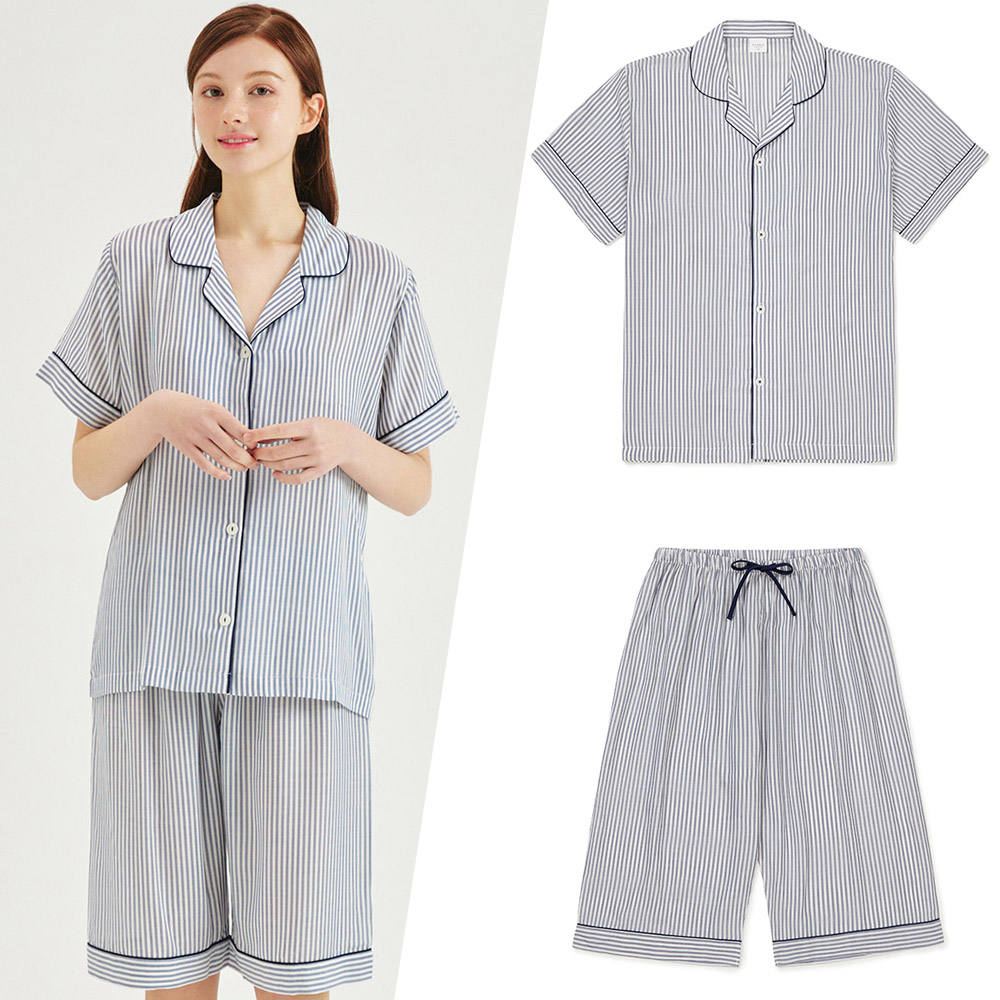 커플파자마 스트라이프 레이온 반팔잠옷세트 블루 여름홈웨어 반소매 실내복 (셔츠형)
