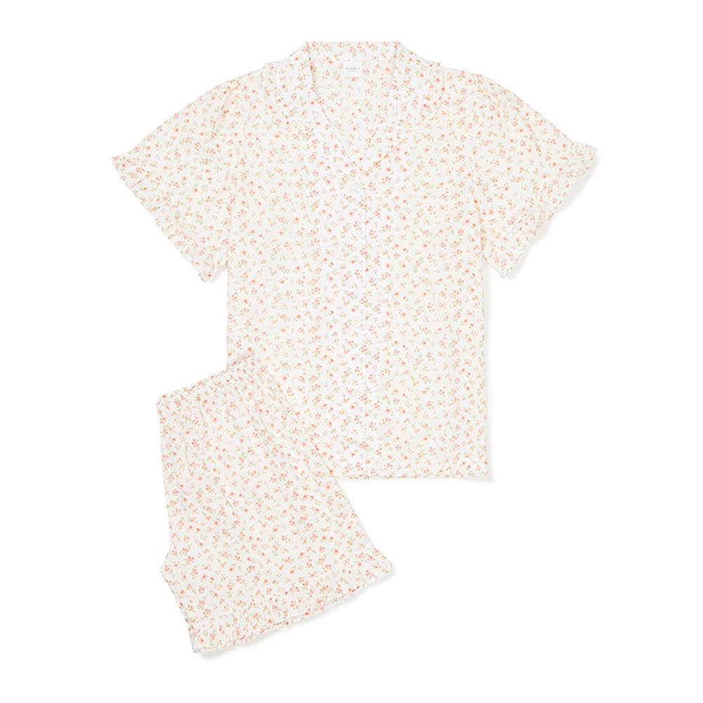 여성잠옷세트 오렌지 꽃무늬 파자마브랜드 순면 반소매 편한 홈웨어세트 (셔츠형)