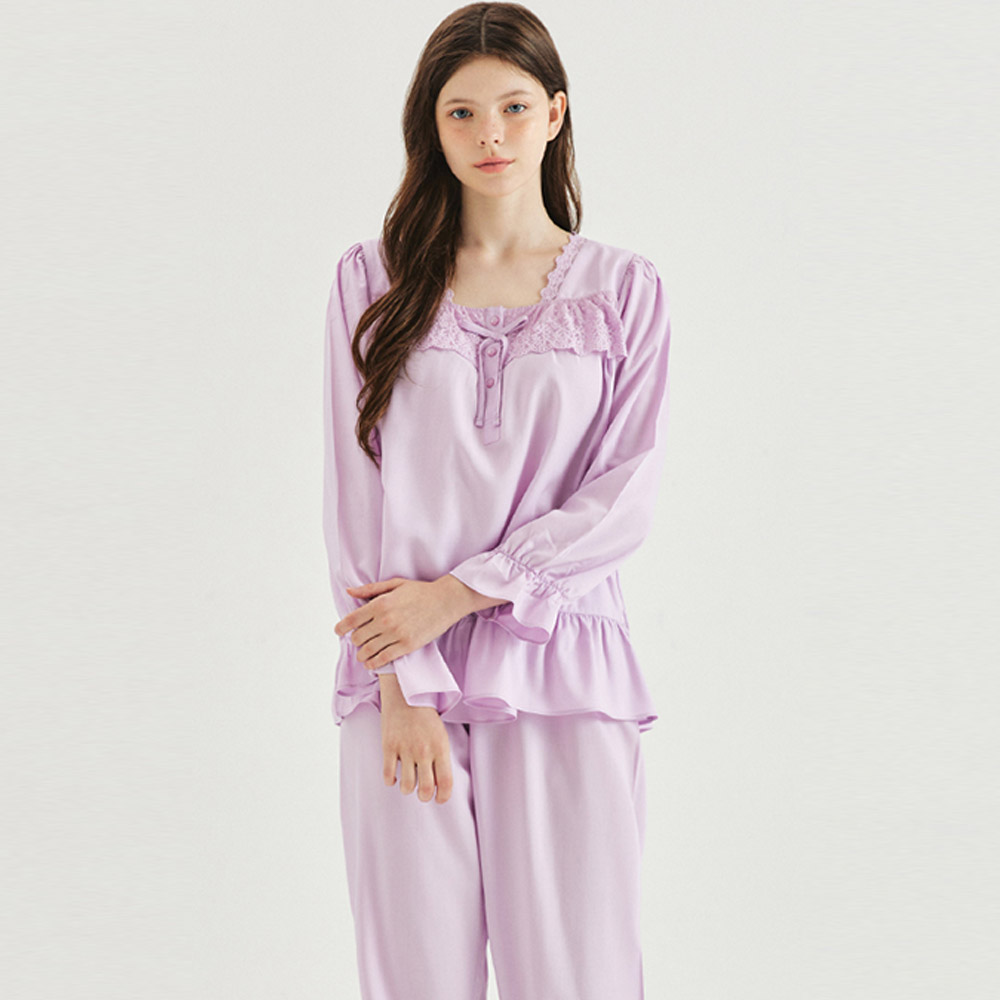 파자마파티잠옷 레이스 퍼플 집에서입는 여성홈웨어 긴팔 레이온 실내복
