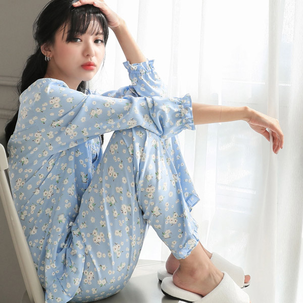 여성잠옷 체리블라썸 면모달 긴소매 상하세트 (블루)