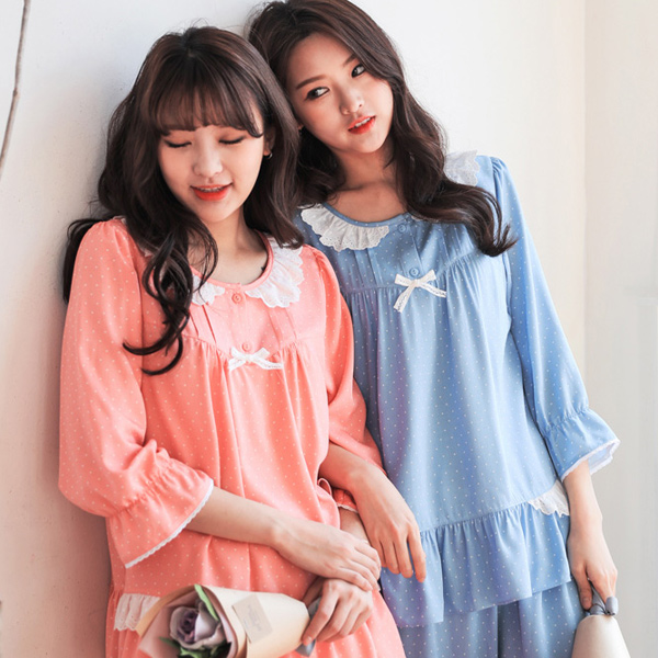 여성잠옷 핑크도트 레이온 7부소매 상하세트