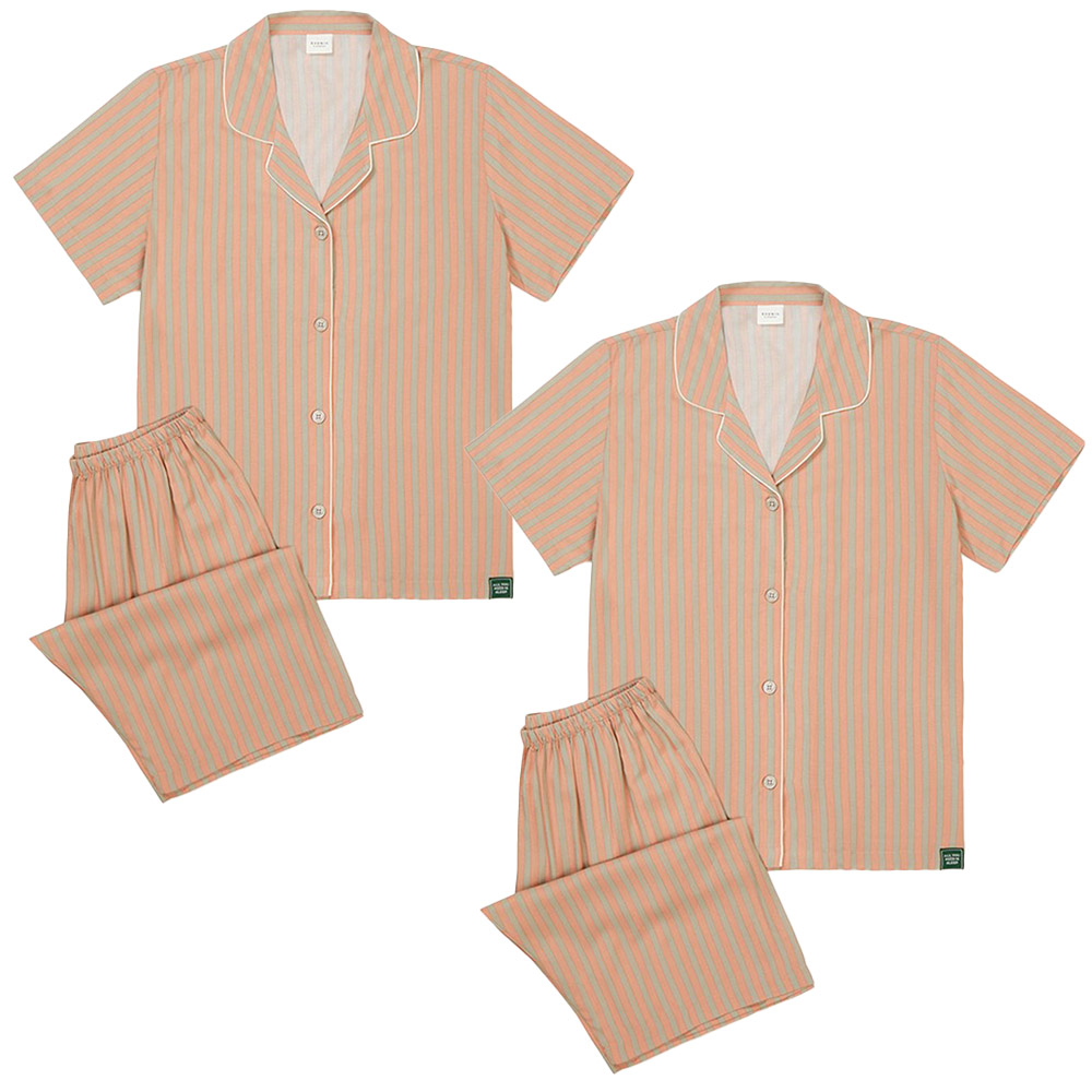 커플아이템 시밀러룩 빅사이즈잠옷 스트라이프 반소매 파자마세트 레이온 여름홈웨어 (셔츠형)
