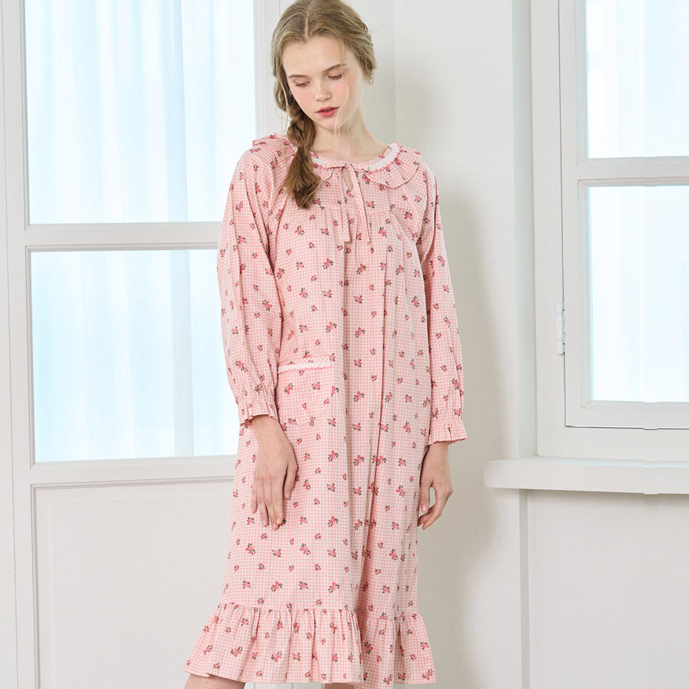 순면원피스 라로즈 긴팔 가을잠옷 꽃무늬 집에서입는옷 홈드레스 (핑크)