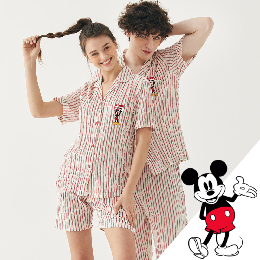 결혼선물 커플 디즈니 미키마우스잠옷 파자마 스트라이프 여름 반팔 홈웨어 상하복 (셔츠형)