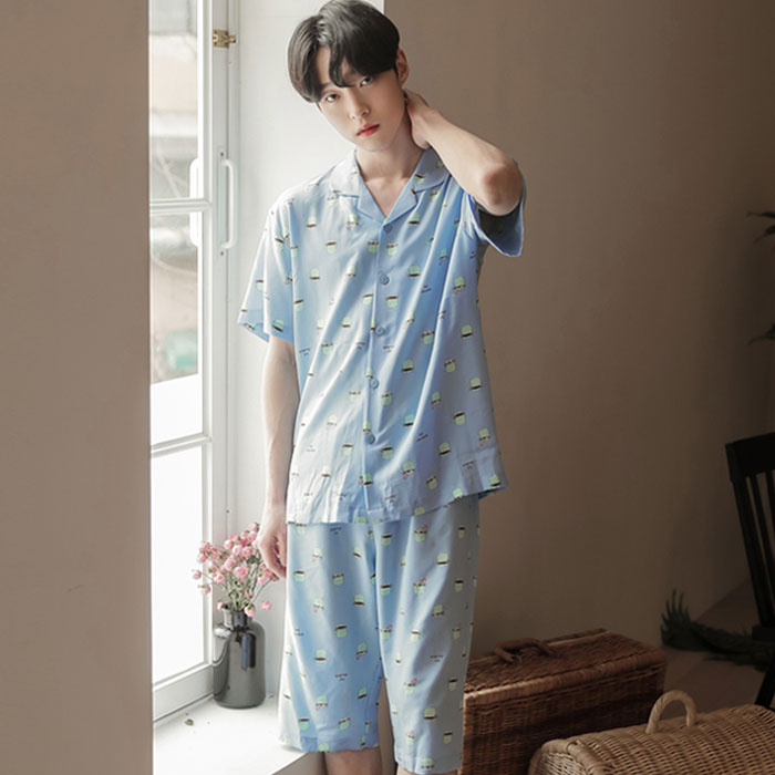 남성잠옷 핫쵸코쵸 레이온 반팔 상하세트 (카라형)