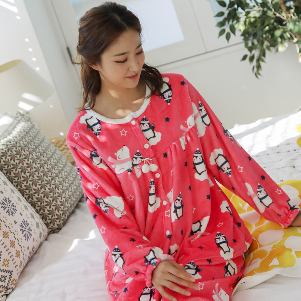여성잠옷 베어펭귄 밍크 극세사 겨울 파자마 상하세트 (단추셔츠형)