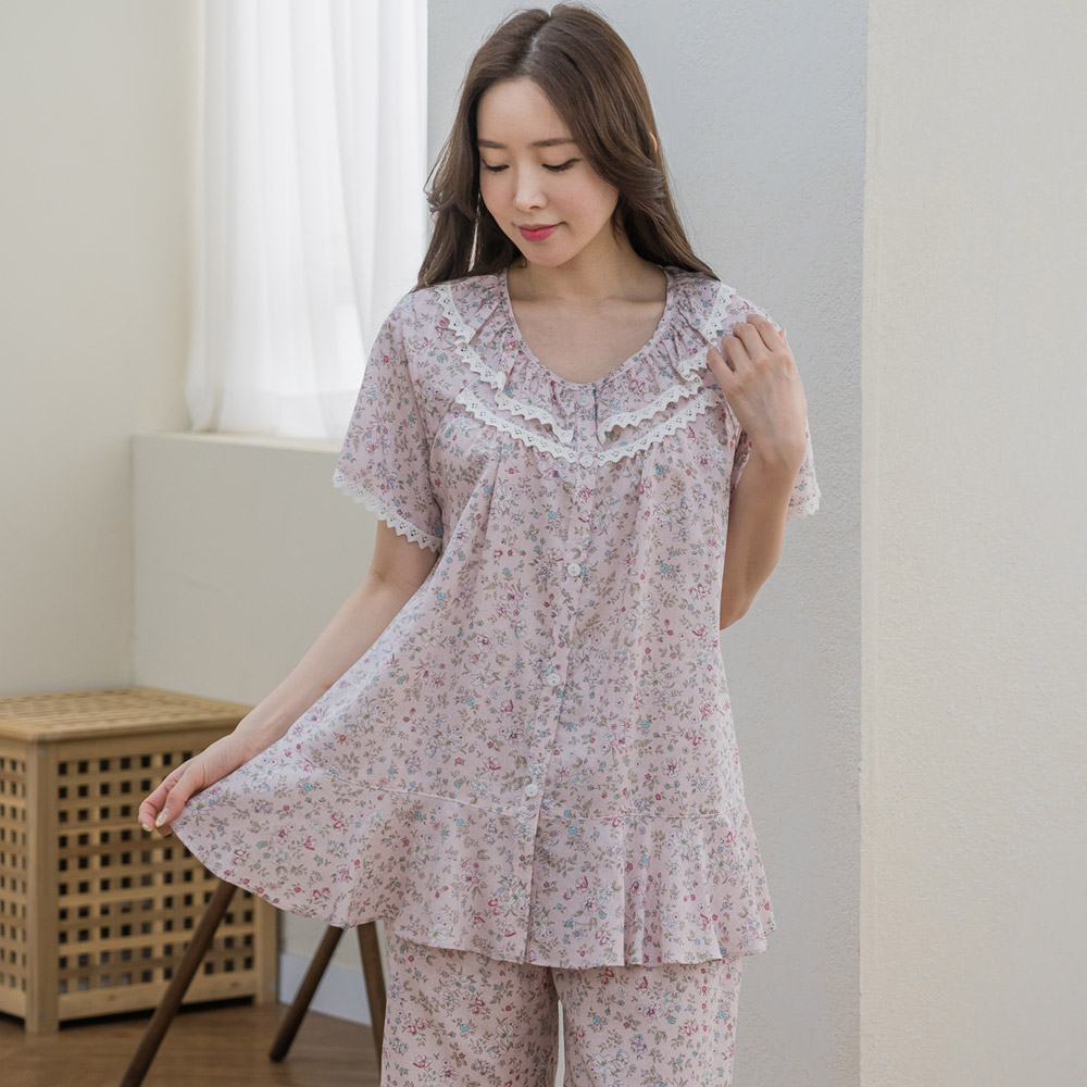 알콩단잠 여자잠옷 아네모네 꽃무늬 모달홈웨어 여름파자마세트 (라운드넥/핑크)