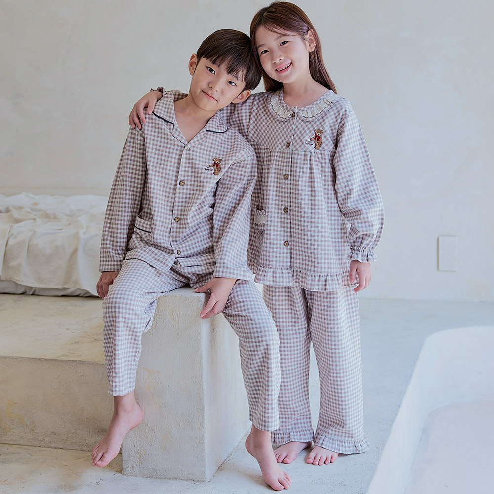 아동잠옷 체크무늬 사계절 긴소매 기모 초등파자마 유아실내복 홈웨어 상하복
