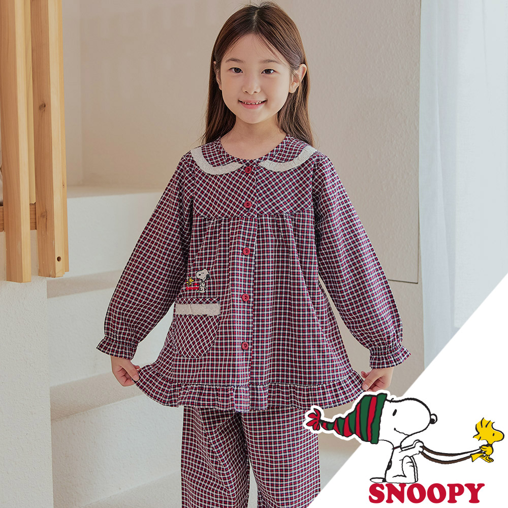스누피 주니어잠옷 체크무늬 긴소매 여아실내복 기모파자마 가을 겨울 어린이 홈웨어세트